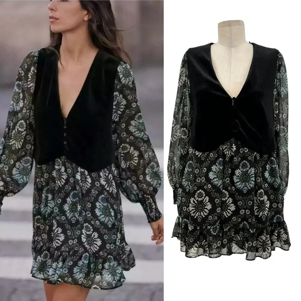 Zara Dress Floral Printed with Black Vest Velvet Layered Long Sleeve‎ Size Small